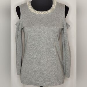 Karl Lagerfeld Soft Gray Cold Shoulder Pearl Neckline Sweater - Size S